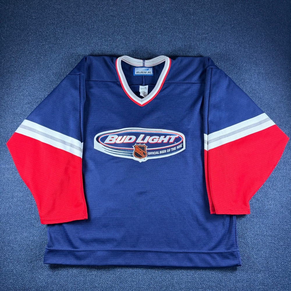 Bauer Bud Light NHL Hockey Jersey Mens L Pit26 Len31 Navy Mesh Vintage